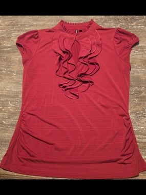 Womens Red Ruffle Front Short Sleeve Top
